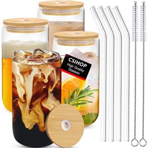 4pcs set drinking glasses with bamboo lid and glass straw - 16oz can shaped drinking glass set, iced coffee mug, cute tumbler cup, whiskey, water- gift best choice - 2 cleaning brushes (covered)