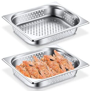 2 pack deep perforated steam pan stainless steel half size perforated steam table food pan restaurant supplies for kitchen (12.8'' x 2.56'' x 10.43'')