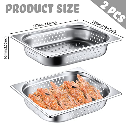 2 Pack Deep Perforated Steam Pan Stainless Steel Half Size Perforated Steam Table Food Pan Restaurant Supplies for Kitchen (12.8'' x 2.56'' x 10.43'')