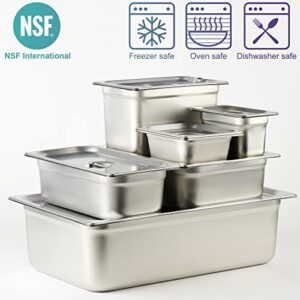 CURTA 6 Pack Anti-Jam Hotel Pans with Lids, 1/6 Size 6 Inch Deep, NSF Commercial 18/8 Stainless Steel Chafing Steam Table Food Pan with Covers