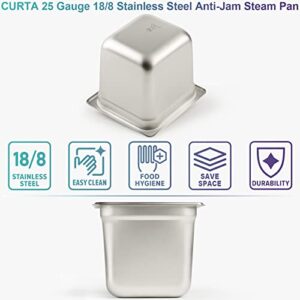 CURTA 6 Pack Anti-Jam Hotel Pans with Lids, 1/6 Size 6 Inch Deep, NSF Commercial 18/8 Stainless Steel Chafing Steam Table Food Pan with Covers