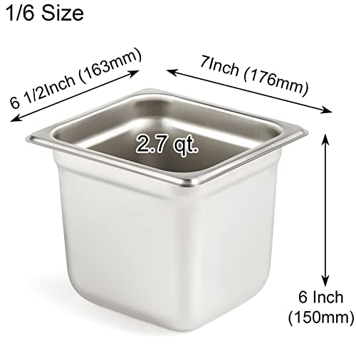 CURTA 6 Pack Anti-Jam Hotel Pans with Lids, 1/6 Size 6 Inch Deep, NSF Commercial 18/8 Stainless Steel Chafing Steam Table Food Pan with Covers