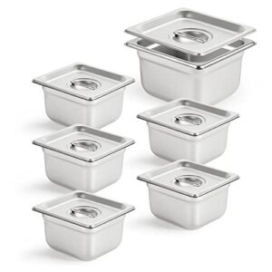 curta 6 pack anti-jam hotel pans with lids, 1/6 size 4 inch deep, nsf commercial 18/8 stainless steel chafing steam table food pan with covers