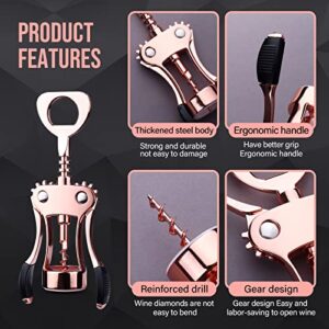 Drincarier Wine Opener, Zinc Alloy Premium Wing Corkscrew Wine Bottle Opener with Multifunctional Bottles Opener, Upgrade (Rose Gold Opener With Foil Cutter)……