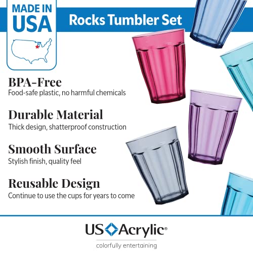 US Acrylic Camden Kids Plastic 12 oz. Drinking Glasses (Pack of 6) Stackable Juice Cups | Made in USA | Reusable, BPA-free, Top-rack Dishwasher Safe | 6 Bright Colored Tumblers for Kids and Toddlers