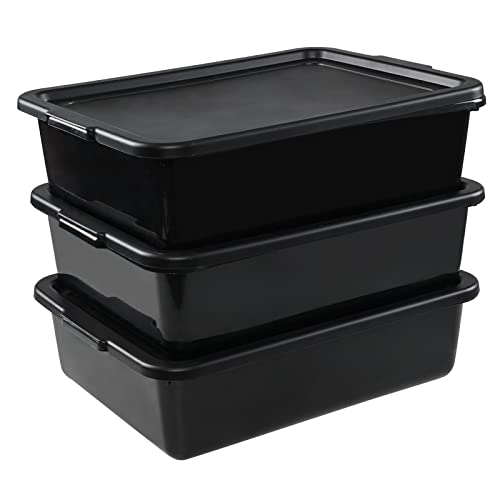 Uumitty 3-Pack Plastic Bus Tub with Lid, 13 L Black Commercial Bus Box with Handle