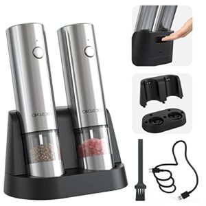 circle joy electric salt and pepper grinder set stainless steel spice grinder automatic pepper mills with easy-to-carry dual charging station, brush, white led light, and adjustable coarseness