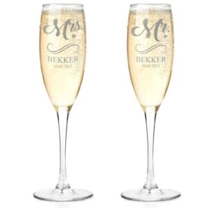 personalized champagne glasses set of 2 - engraved wedding champagne flutes - custom bride and groom gift for marriage, bridal party, engagement