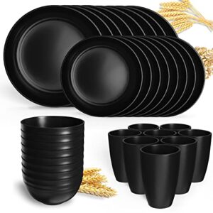 hanmfei wheat straw plastic dinnerware set for 8,plastic plates and bowls sets,unbreakable dinnerware for kitchen, camping, rv black