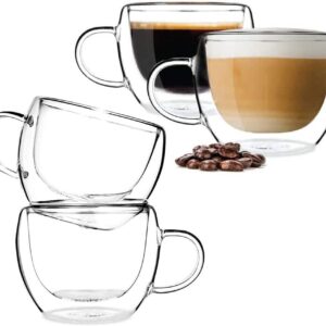 BOQO Glass Coffee Cups Set of 4,Double Walled Insulated Drinking Glass Coffee Mugs with Handle,Perfect for Latte, Cappuccinos, Tea Bag, Juice (240ml /8oz Water Glasses)…