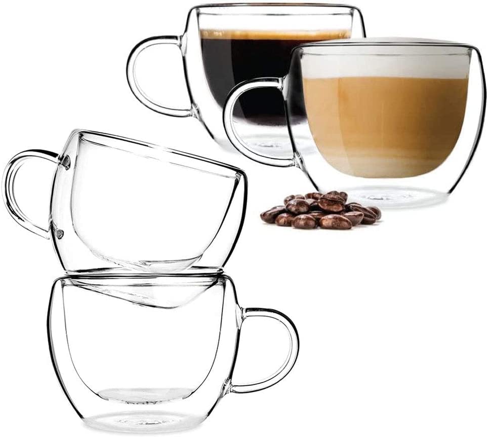 BOQO Glass Coffee Cups Set of 4,Double Walled Insulated Drinking Glass Coffee Mugs with Handle,Perfect for Latte, Cappuccinos, Tea Bag, Juice (240ml /8oz Water Glasses)…