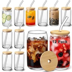 [ 12pcs set ] glass cups with bamboo lids and glass straw - beer can shaped drinking glasses, 16 oz iced coffee glasses, cute tumbler cup for smoothie, boba tea, whiskey, water - 4 cleaning brushes