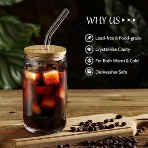 [ 12pcs Set ] Glass Cups with Bamboo Lids and Glass Straw - Beer Can Shaped Drinking Glasses, 16 oz Iced Coffee Glasses, Cute Tumbler Cup for Smoothie, Boba Tea, Whiskey, Water - 4 Cleaning Brushes