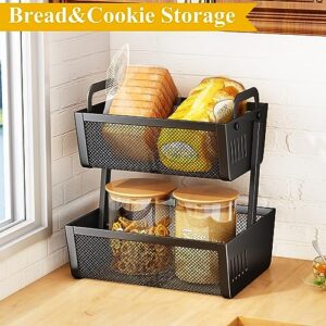 Fruit Basket Bowls For Kitchen Counter - Metal Fruit Stand with Handle - Kitchen Vegetables Bread Snacks Storage Organization, 2 Tier Black