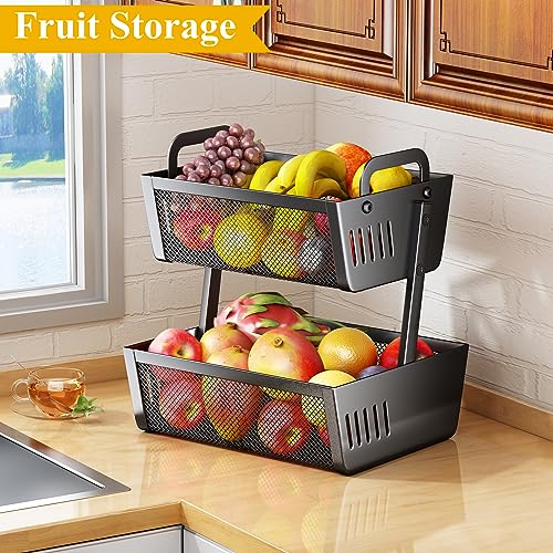 Fruit Basket Bowls For Kitchen Counter - Metal Fruit Stand with Handle - Kitchen Vegetables Bread Snacks Storage Organization, 2 Tier Black