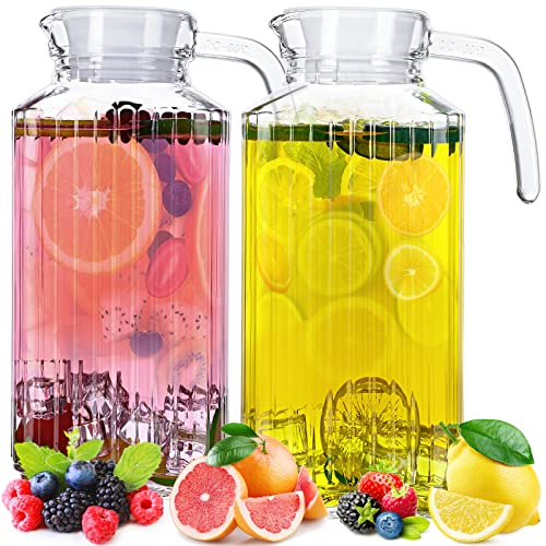 2 Pcs Glass Pitcher with Lid and Spout Ribbed Fridge Pitcher Clear Glass Water Pitcher with Handle Juice Containers with Lids for Fridge Water Jar Water Carafe Milk Jug for Iced Tea (63.4 oz)