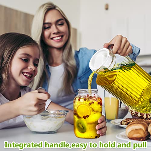 2 Pcs Glass Pitcher with Lid and Spout Ribbed Fridge Pitcher Clear Glass Water Pitcher with Handle Juice Containers with Lids for Fridge Water Jar Water Carafe Milk Jug for Iced Tea (63.4 oz)