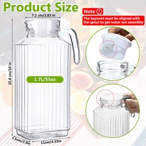 2 Pcs Glass Pitcher with Lid and Spout Ribbed Fridge Pitcher Clear Glass Water Pitcher with Handle Juice Containers with Lids for Fridge Water Jar Water Carafe Milk Jug for Iced Tea (63.4 oz)