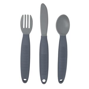 busy baby eating utensils for babies & toddlers | fork, spoon, & knife | food-grade silicone & tritan plastic | dishwasher safe, bpa free (pewter)