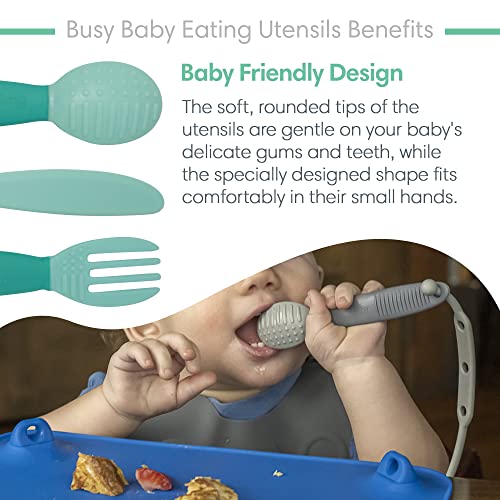 BUSY BABY Eating Utensils for Babies & Toddlers | Fork, Spoon, & Knife | Food-Grade Silicone & Tritan Plastic | Dishwasher Safe, BPA Free (Pewter)