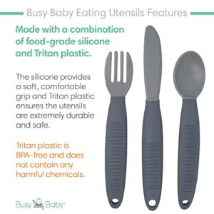 BUSY BABY Eating Utensils for Babies & Toddlers | Fork, Spoon, & Knife | Food-Grade Silicone & Tritan Plastic | Dishwasher Safe, BPA Free (Pewter)