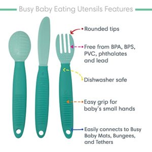 BUSY BABY Eating Utensils for Babies & Toddlers | Fork, Spoon, & Knife | Food-Grade Silicone & Tritan Plastic | Dishwasher Safe, BPA Free (Pewter)