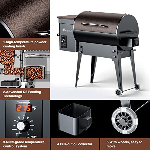 KingChii 2023 Upgrade Portable Wood Pellet Grill & Smoker Multifunctional 8-in-1 BBQ Grill with Automatic Temperature Control Foldable Leg for Backyard Camping Cooking Bake and Roast, 341 sq in Bronze