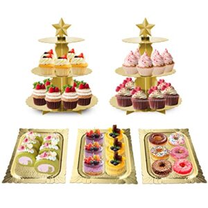 5 pieces dessert table display set, dafuriet cardboard cupcake stand holder/3 tier cup cake tower with serving tray for birthday, tea party and more