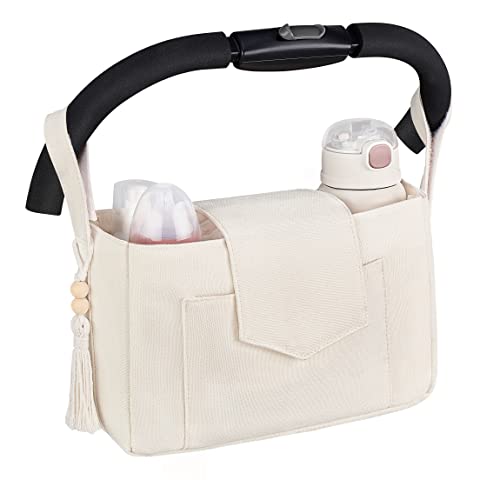 Mkono Stroller Organizer Accessories Baby Stroller Caddy Baby Diaper Cup Essentials Storage Adjustable Straps to Fit Most Stroller Rods and Handles, Ivory