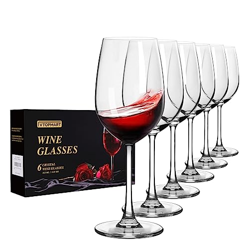 Vtopmart Wine Glasses Set of 6, 13.9oz Crystal White or Red Wine Glasses, Lead-Free Clear Glass with Long Stem for Gift, Wine Tasting, Wedding, House Warming, Engagement, Anniversary