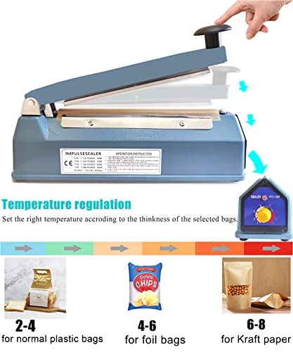 Impulse Bag Heat Sealer for Plastic Bags 8 inch 5mm Sealing, Heavy Duty Iron Housing, Manual Heat Sealing Machine for Mylar Poly Bags, with 6 Repair Kits(Included 2 Cutter Lines)