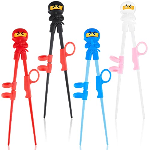 4 Pairs Ninja Training Chopsticks for Kids Adults Beginners Reusable Training Chopsticks with Silicone Chopstick Helper Japanese Cute Learning Chopsticks for right or Left Handed Trainer, 7 Inch