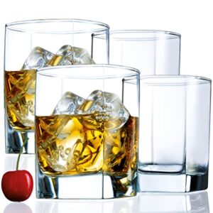 square drinking whiskey glasses set of 4, old fashioned glass cup bar set, stemless everyday rocks whisky glass best present for men, scotch, bourbon, vodka, wine, cocktail, liquor, tequila, smoothie