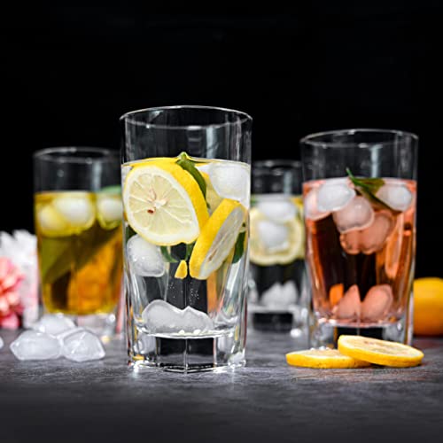 Everyday Drinking Glasses Set of 4 Drinkware Kitchen Collins Glasses for Cocktail, Iced Coffee, Beer, Ice Tea, Wine, Whiskey, Water, 4 Tall Glass Cups, Square Glassware Sets.