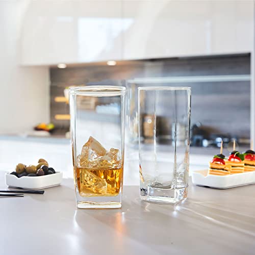Everyday Drinking Glasses Set of 4 Drinkware Kitchen Collins Glasses for Cocktail, Iced Coffee, Beer, Ice Tea, Wine, Whiskey, Water, 4 Tall Glass Cups, Square Glassware Sets.