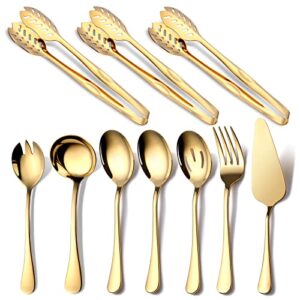 gold serving utensils, ogori 10-piece polished stainless steel gold serving utensils set include serving spoons, slotted serving spoon, serving tongs, serving fork, salad fork, soup ladle, pie server