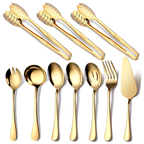 Gold Serving Utensils, OGORI 10-Piece Polished Stainless Steel Gold Serving Utensils Set Include Serving Spoons, Slotted Serving Spoon, Serving Tongs, Serving Fork, Salad Fork, Soup Ladle, Pie Server