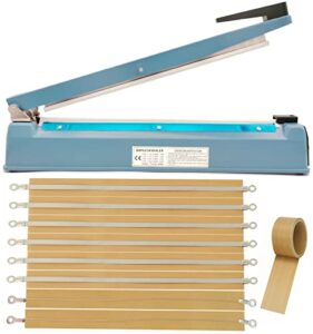 impulse heat sealer 16 inch mylar bag sealer heat seal machine, 110v manual heat sealer for plastic/poly/cookie bags, 8 replacement parts & teflon cloth strip(2 round cutter lines included)