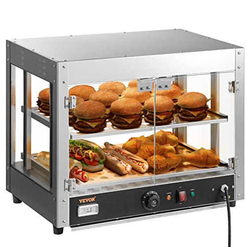 VEVOR Commercial Food Warmer Display, 2 Tiers, 800W Pizza Warmer w/ 3D Heating 3-Color Lighting Bottom Fan, Countertop Pastry Warmer w/Temp Knob & Display 0.6L Water Tray, Stainless Frame Glass Doors