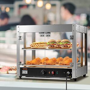 VEVOR Commercial Food Warmer Display, 2 Tiers, 800W Pizza Warmer w/ 3D Heating 3-Color Lighting Bottom Fan, Countertop Pastry Warmer w/Temp Knob & Display 0.6L Water Tray, Stainless Frame Glass Doors