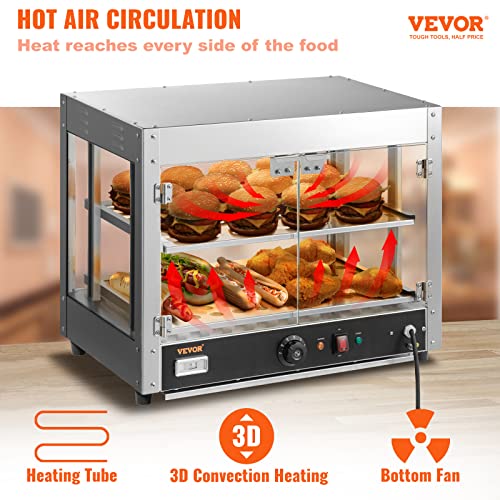 VEVOR Commercial Food Warmer Display, 2 Tiers, 800W Pizza Warmer w/ 3D Heating 3-Color Lighting Bottom Fan, Countertop Pastry Warmer w/Temp Knob & Display 0.6L Water Tray, Stainless Frame Glass Doors