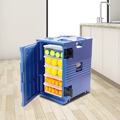 GDAE10 End-Loading Insulated Food Pan Carrier,82Qt/90L Hot Box for Catering, PE Food Box Carrier One-Piece Buckle, Front Loading Food Warmer w/Handles＆Wheels, for Restaurant, Canteen, Blue