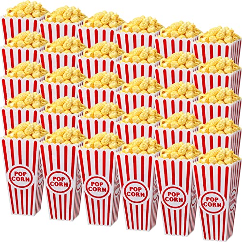 Plastic Popcorn Boxes Reusable Open Top Popcorn Containers Red and White Striped Popcorn Buckets Bulk for Movie Night, Classic Retro Style, 7.7 x 3.9 x 2.4 Inch (30 Pcs)