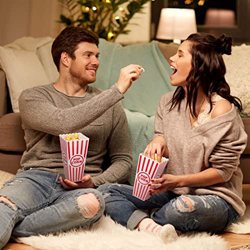 Plastic Popcorn Boxes Reusable Open Top Popcorn Containers Red and White Striped Popcorn Buckets Bulk for Movie Night, Classic Retro Style, 7.7 x 3.9 x 2.4 Inch (30 Pcs)