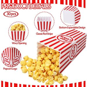 Plastic Popcorn Boxes Reusable Open Top Popcorn Containers Red and White Striped Popcorn Buckets Bulk for Movie Night, Classic Retro Style, 7.7 x 3.9 x 2.4 Inch (30 Pcs)