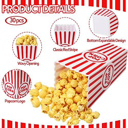 Plastic Popcorn Boxes Reusable Open Top Popcorn Containers Red and White Striped Popcorn Buckets Bulk for Movie Night, Classic Retro Style, 7.7 x 3.9 x 2.4 Inch (30 Pcs)