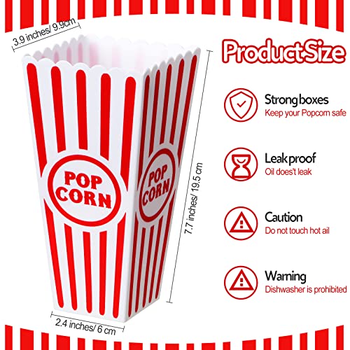 Plastic Popcorn Boxes Reusable Open Top Popcorn Containers Red and White Striped Popcorn Buckets Bulk for Movie Night, Classic Retro Style, 7.7 x 3.9 x 2.4 Inch (30 Pcs)