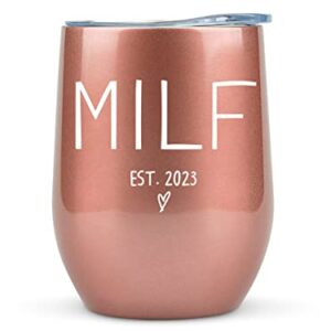 KLUBI New Mom Gifts 2023 MILF - 12oz Wine/Coffee Tumbler/Mug - Funny Gift Idea for First Time Mom, Women, Basket, Mommy, Pregnancy, Push, Baby Shower Gifts, Glass, Mom to Be, Mothers Day