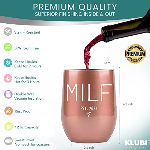 KLUBI New Mom Gifts 2023 MILF - 12oz Wine/Coffee Tumbler/Mug - Funny Gift Idea for First Time Mom, Women, Basket, Mommy, Pregnancy, Push, Baby Shower Gifts, Glass, Mom to Be, Mothers Day