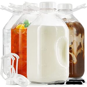 4 pack 64 oz heavy duty glass milk bottle with reusable airtight screw lid, 2 qt glass water bottle with 2 exact scale lines - glass milk jug pitcher - 1/2 gal juice bottles(extra 2 lid and 6 handle)